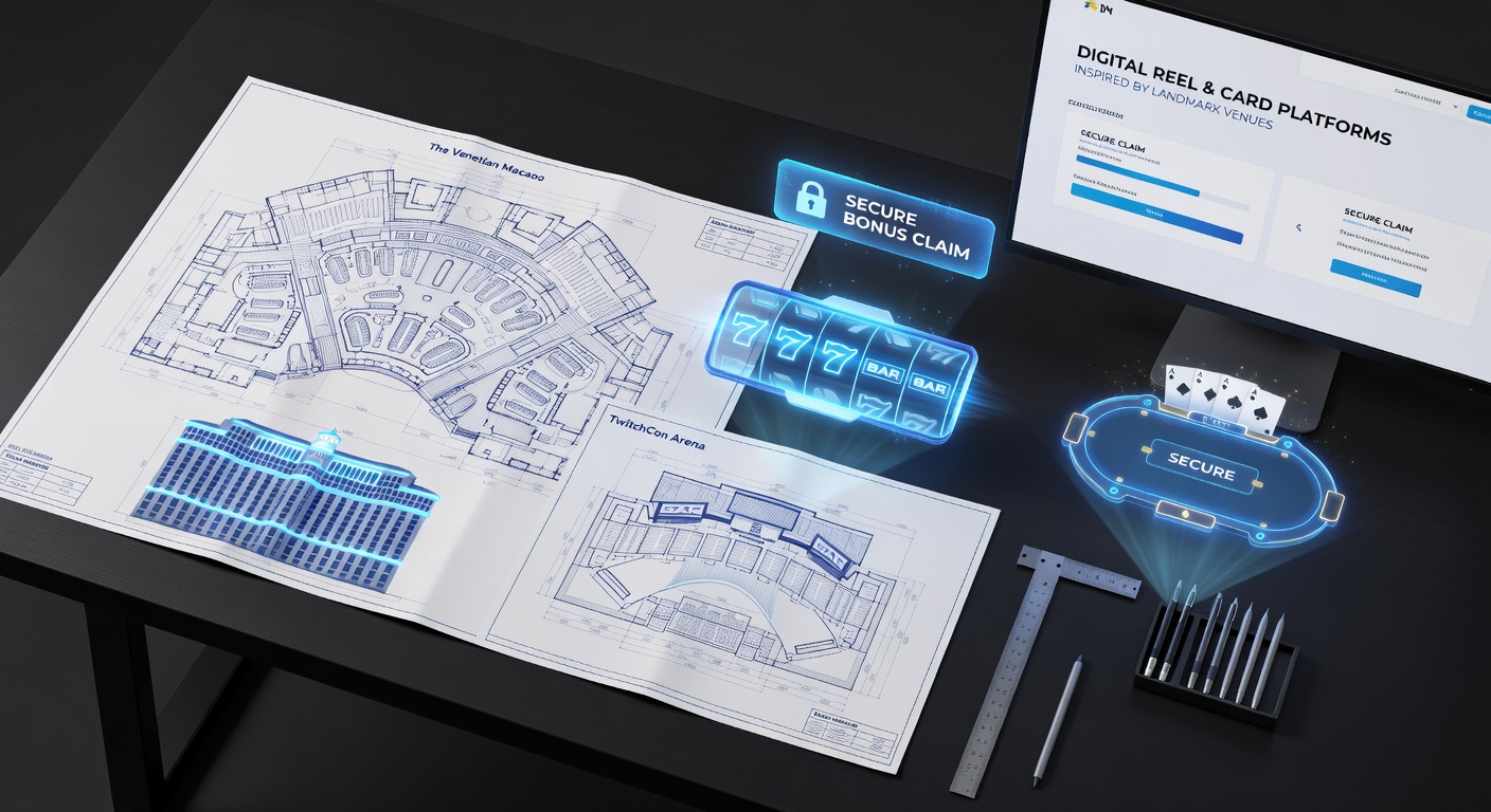 Architectural blueprints from landmark casinos overlaid with digital interface mockups showing secure bonus claim pathways