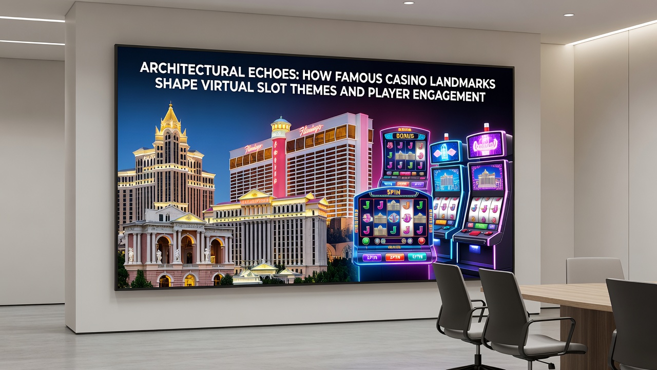 Virtual slot screens displaying replicated casino interiors and landmark motifs