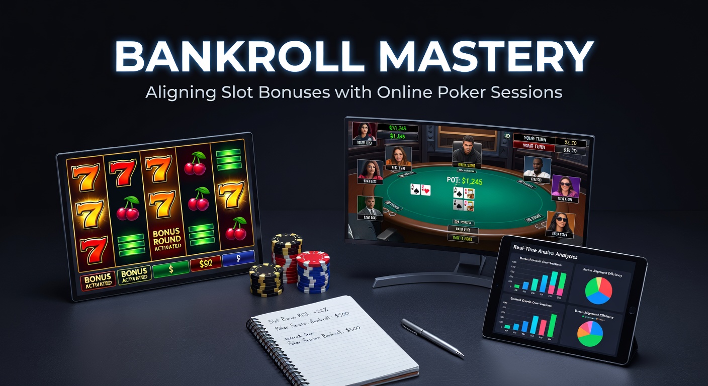 Player managing bankroll on dual screens showing slot bonuses and poker tables