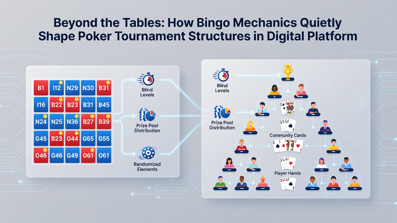 Close-up view of an online poker lobby showing bingo-inspired qualification grids alongside standard tournament listings and real-time player statistics