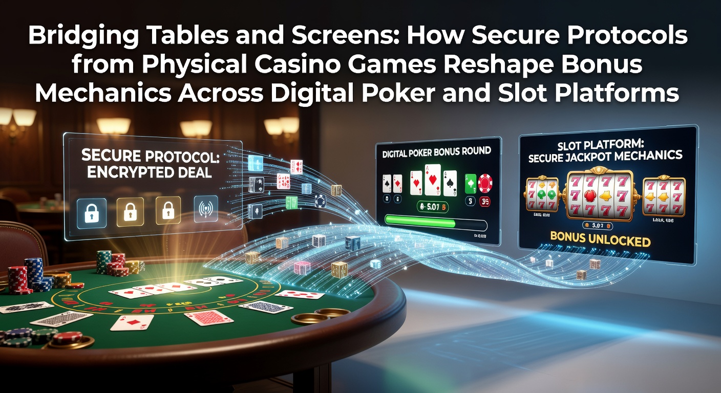 Physical casino poker table with secure chip verification systems alongside digital interfaces showing encrypted bonus protocols