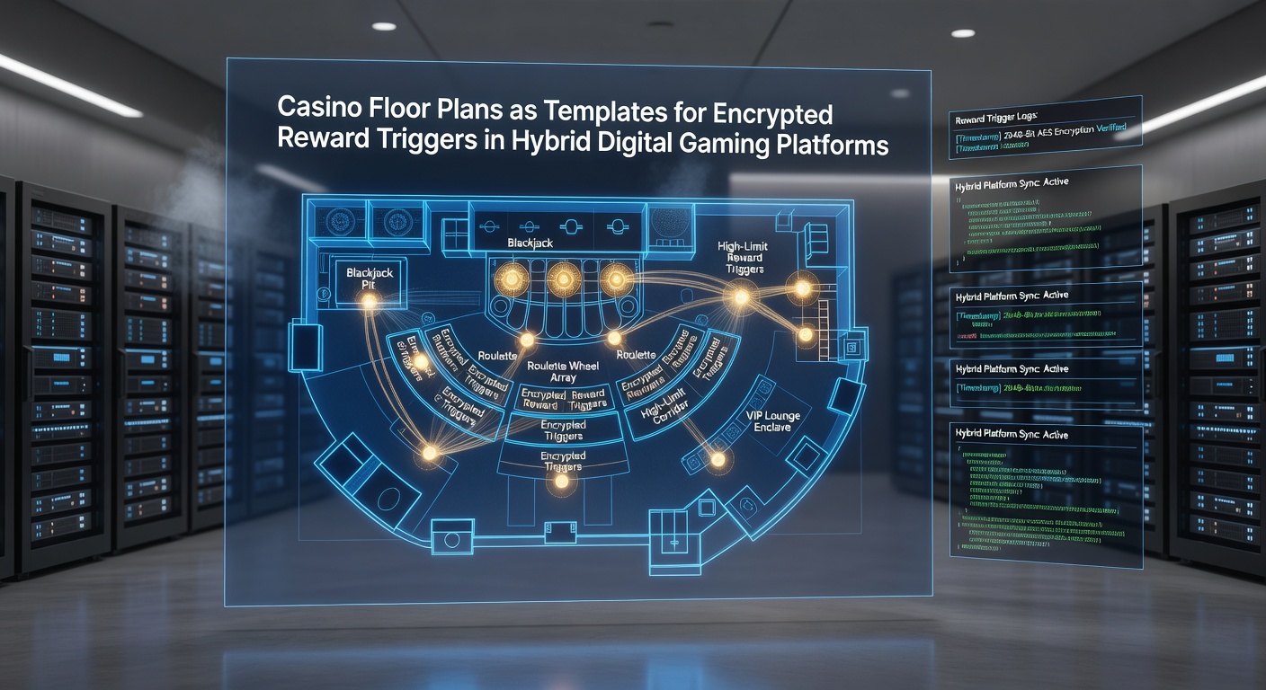 Digital interface screenshot illustrating hybrid gaming platform with overlaid casino floor plan zones and encrypted reward activation points