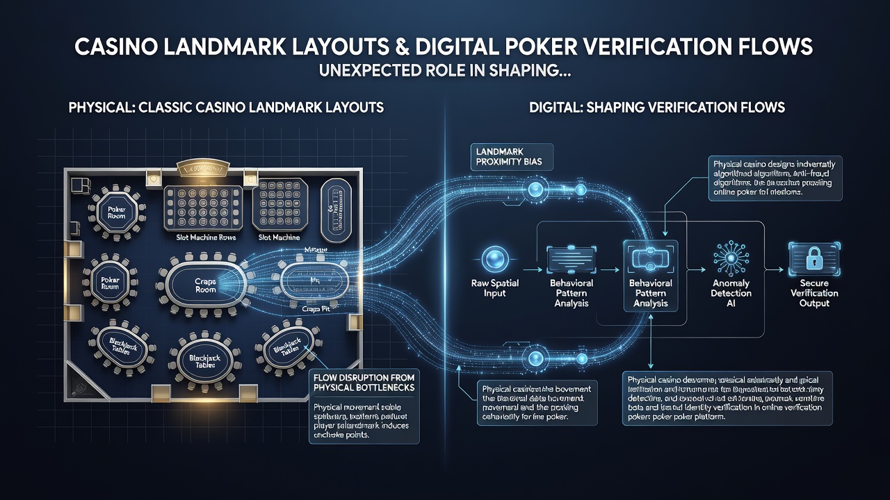 Comparison diagram showing physical casino zones alongside corresponding digital poker verification steps