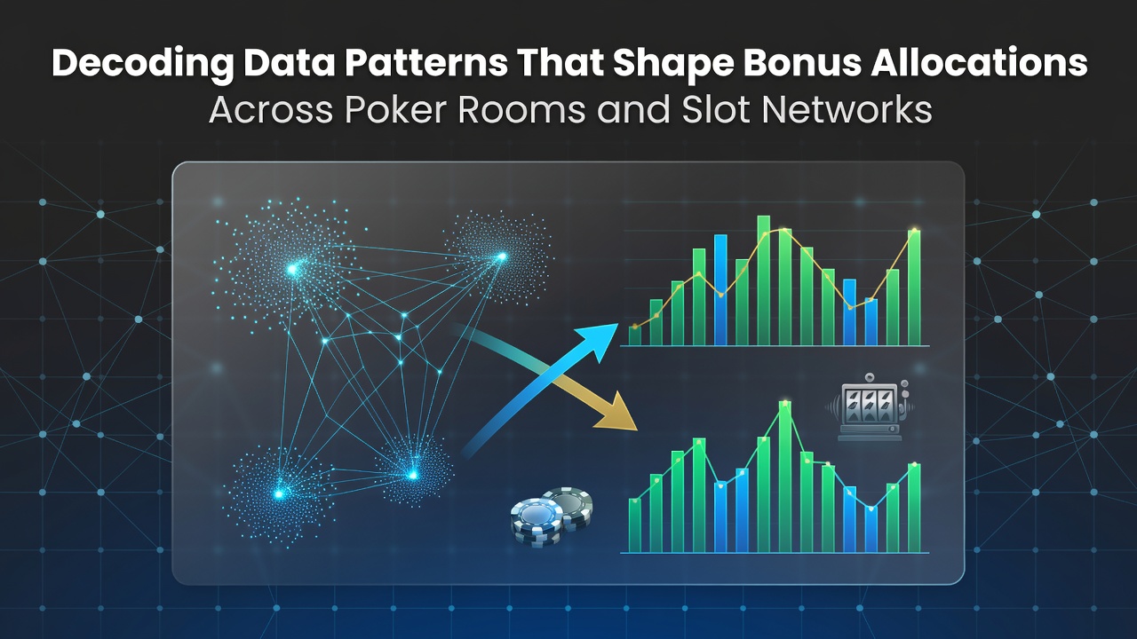 Visualization of data analytics dashboards tracking player engagement and bonus allocation patterns across poker rooms and slot networks