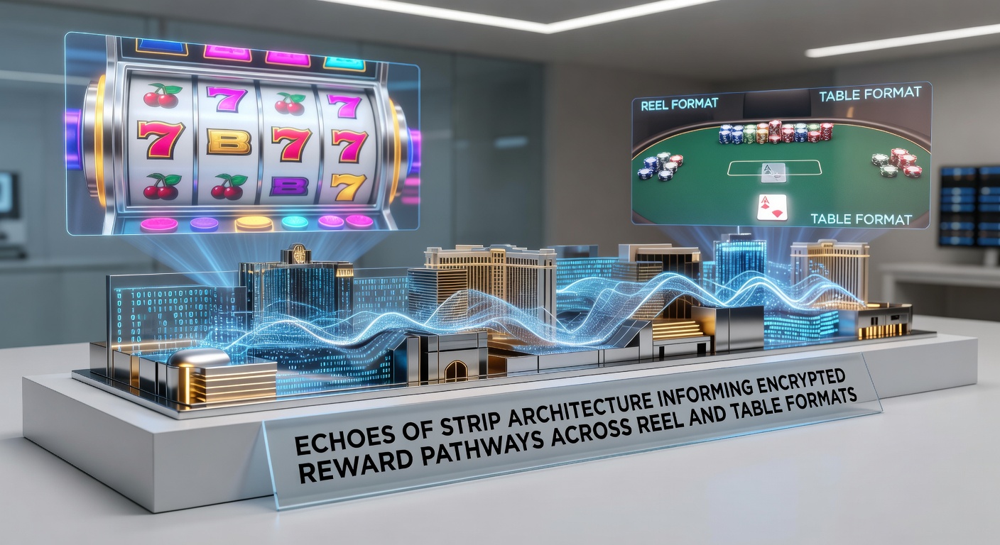Digital interface mockup displaying encrypted reward pathways connecting slot reels to virtual table games