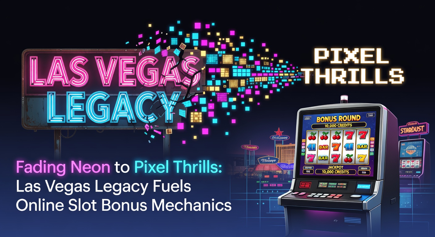 Vintage Las Vegas neon-lit casino facade fading into a vibrant digital slot machine screen with cascading bonus symbols
