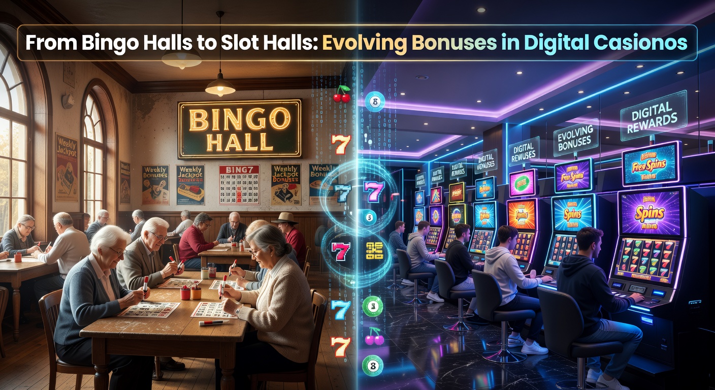 Vintage bingo hall scene transitioning to modern digital slot interface with bonus highlights