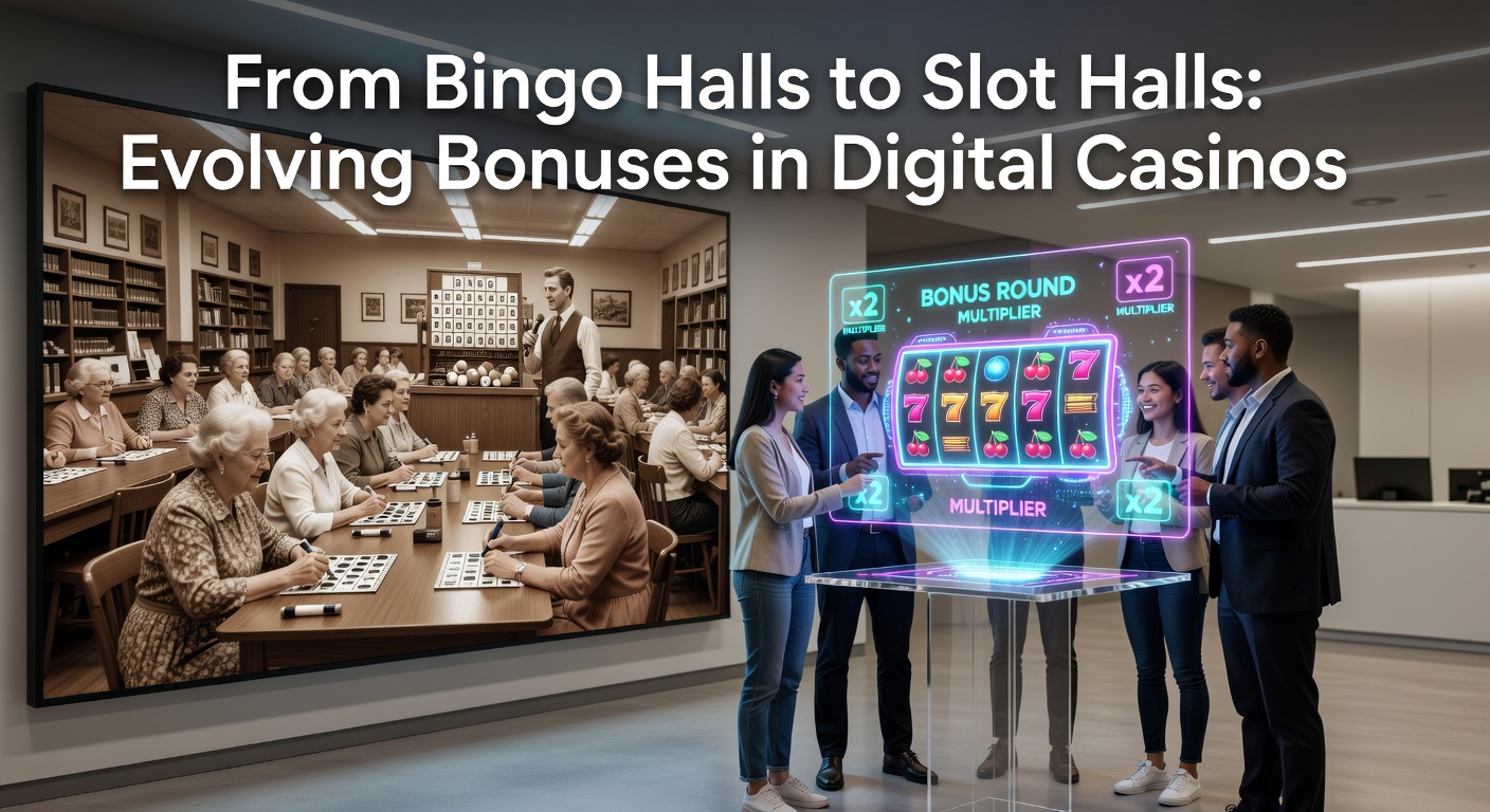 Digital slot reels exploding with bonus features alongside nostalgic bingo cards in a blended graphic