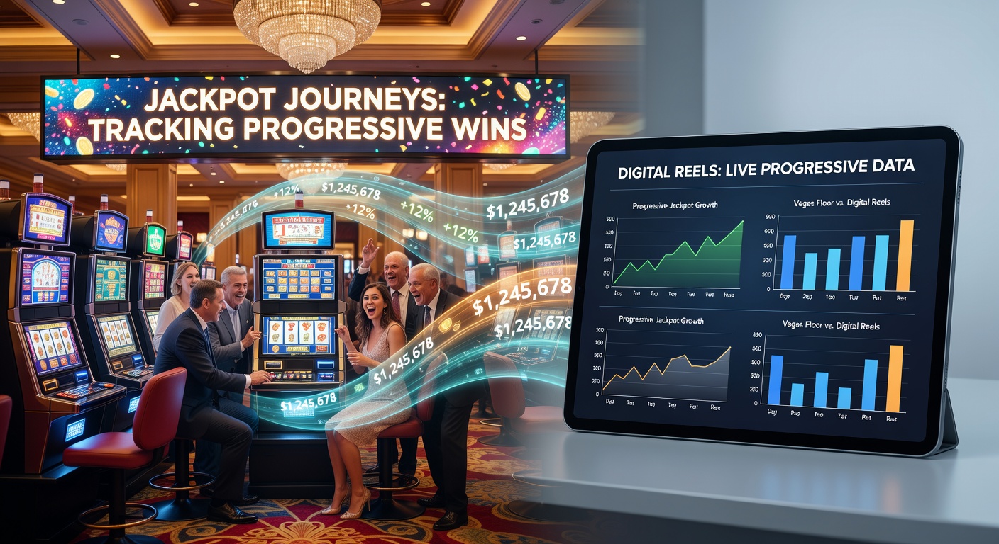 Vibrant Las Vegas casino floor packed with glowing progressive slot machines, jackpot meters climbing high amid excited players