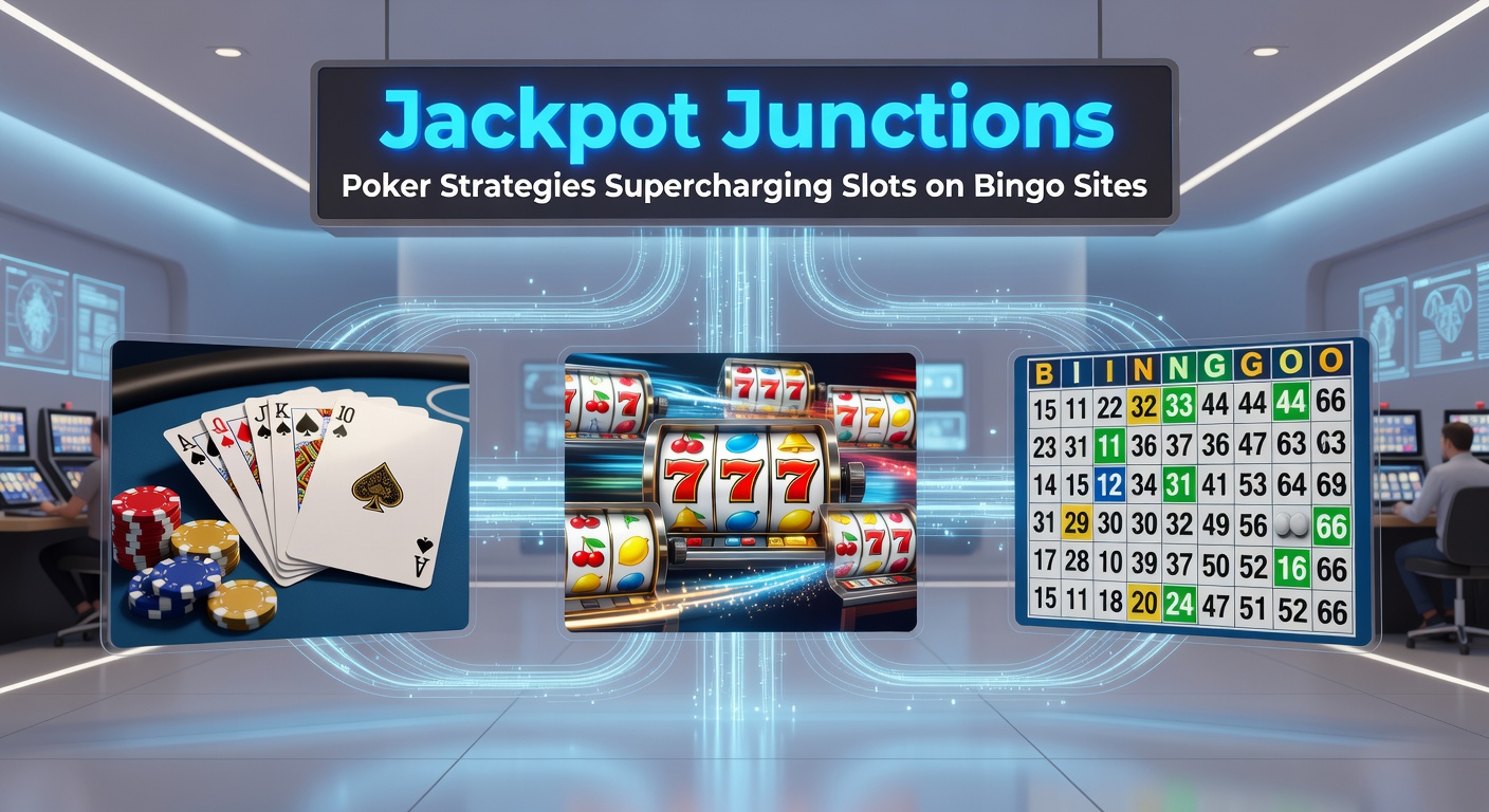 Vibrant casino floor blending poker tables and flashing slot machines on a bingo site interface, highlighting jackpot connections