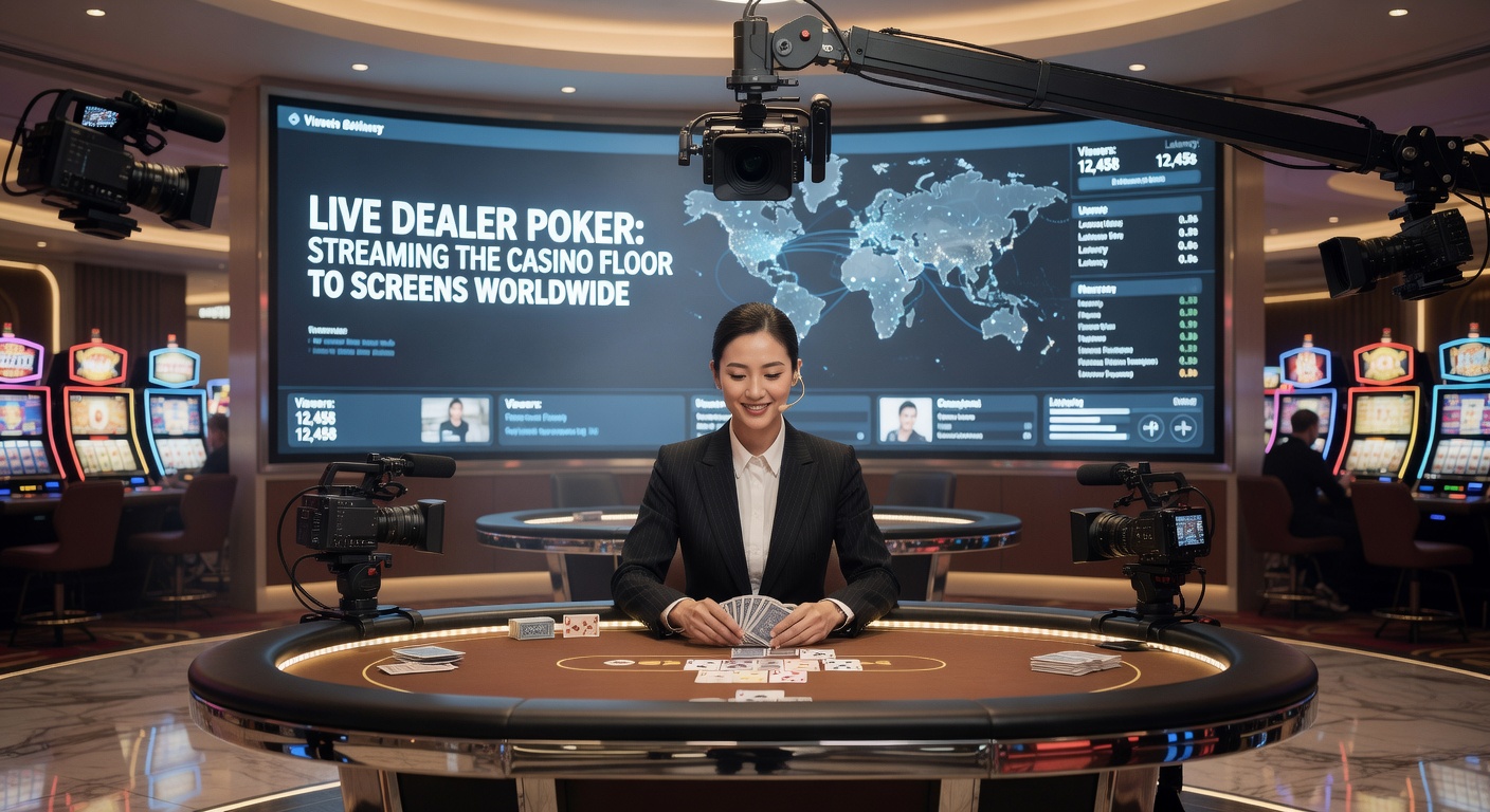 A live dealer shuffling cards at a poker table in a high-tech studio, with multiple camera angles capturing the action for online viewers worldwide