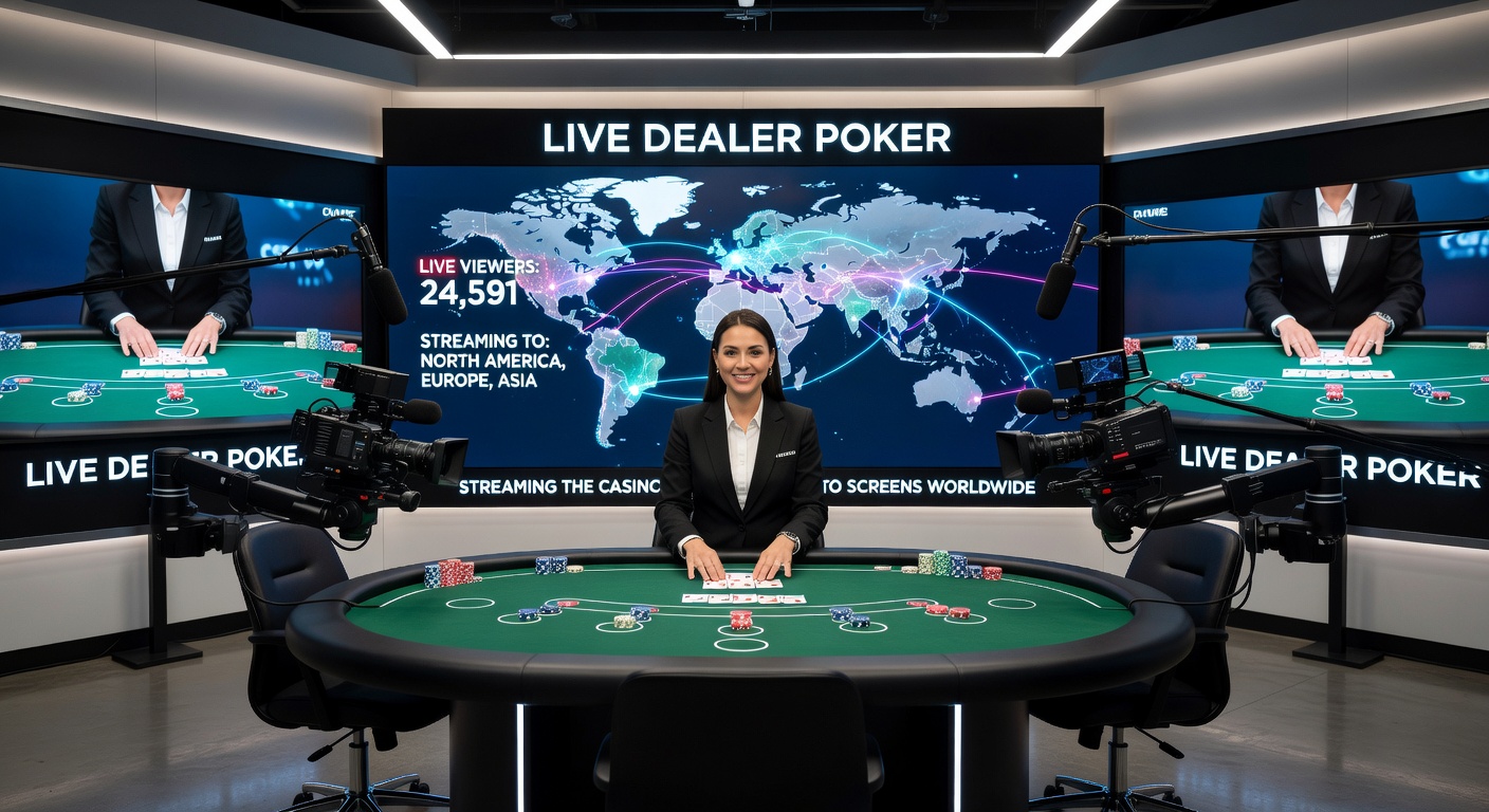 Close-up of a live poker game in progress, showing dealer dealing cards, player interfaces on screens, and real-time chat interactions