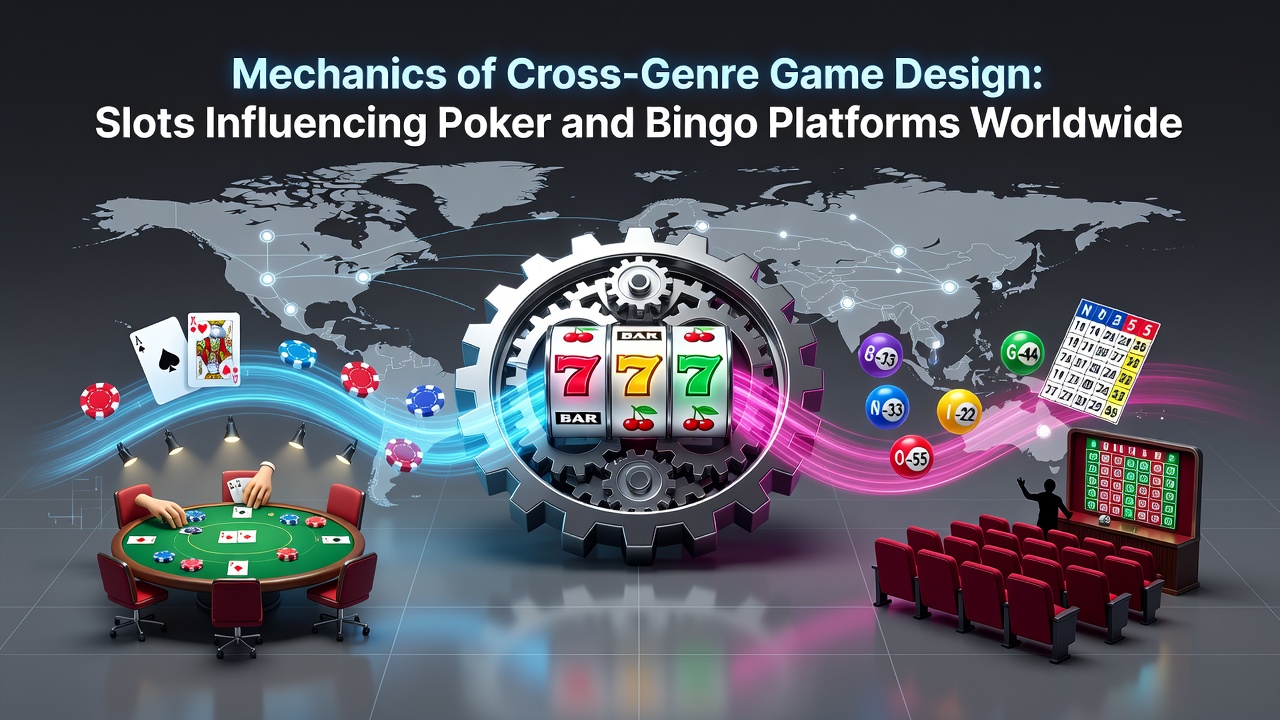 Visual representation of slot reels merging with poker cards and bingo balls in a digital interface