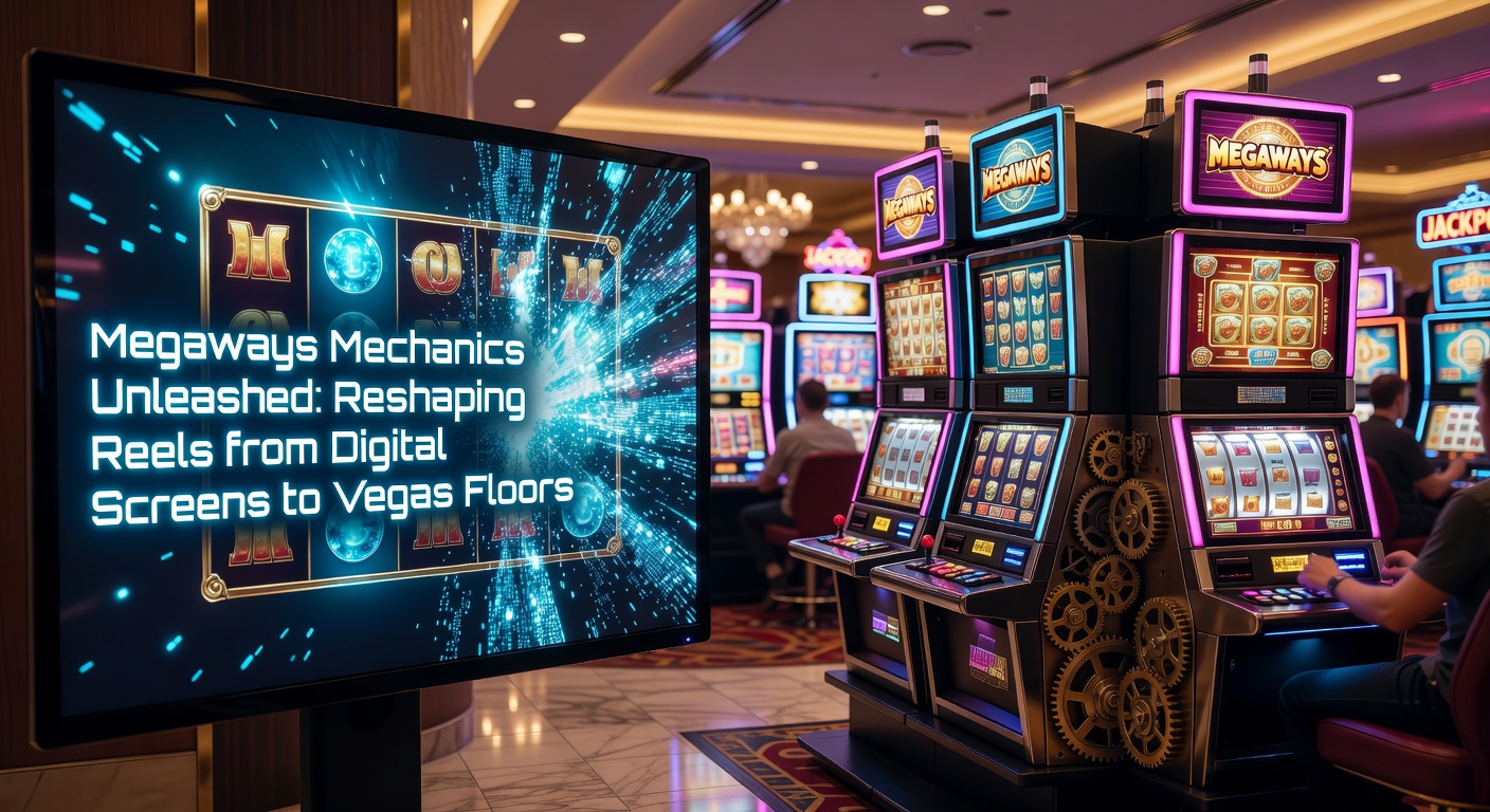 Vibrant digital slot reels expanding with Megaways symbols, transitioning to a bustling Vegas casino floor