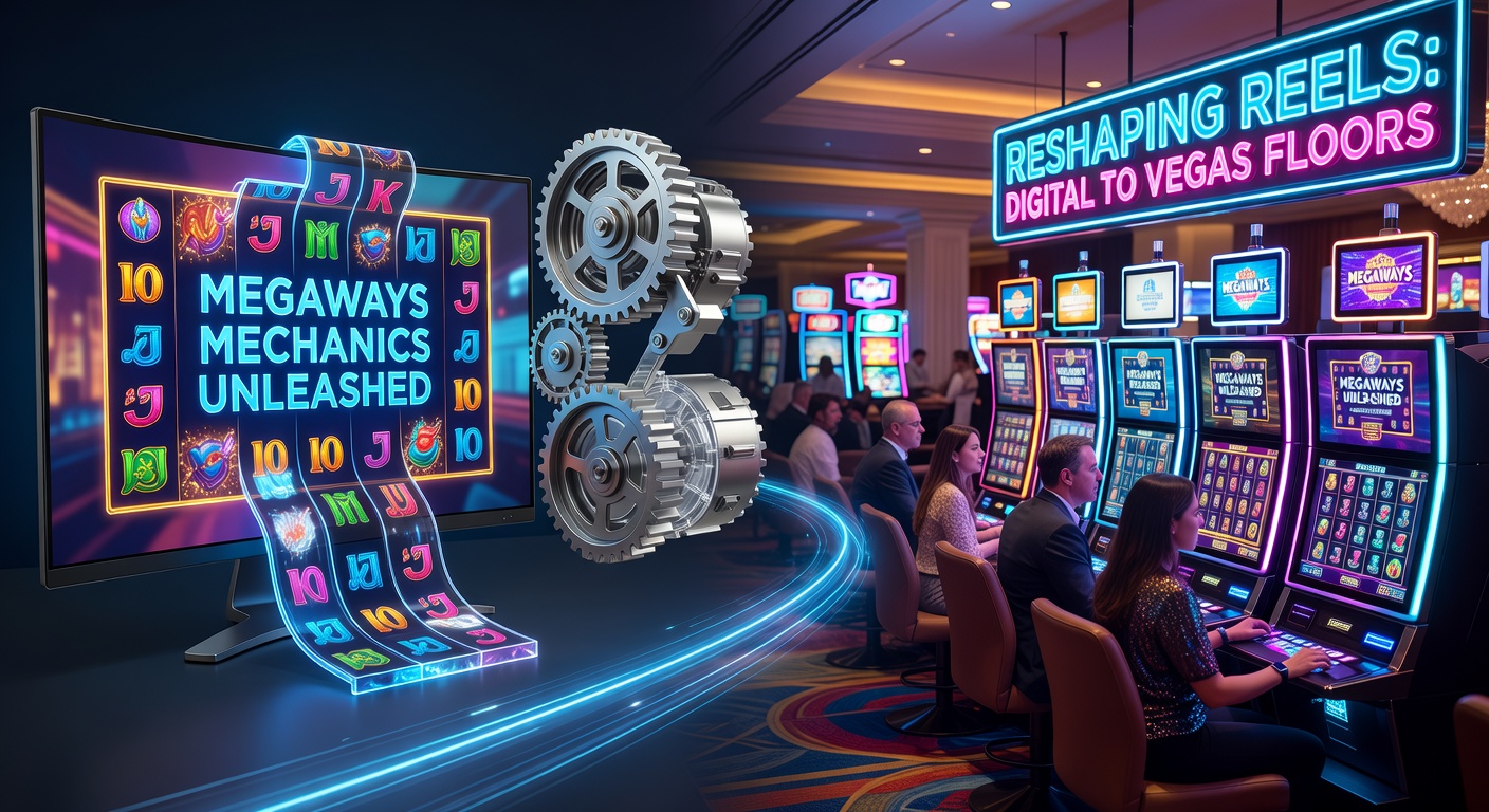 Close-up of a land-based Megaways slot machine on a Vegas casino floor, screen showing expanding reels and massive win ways
