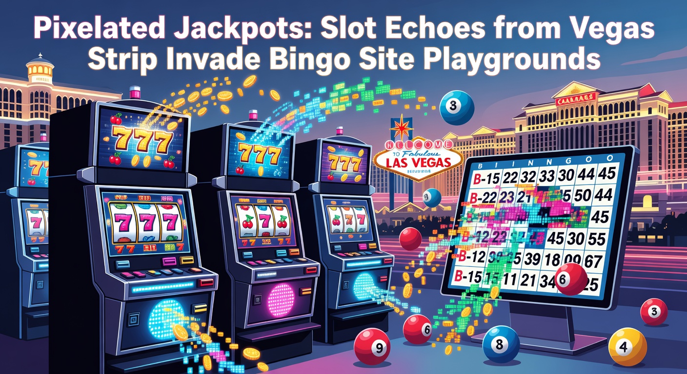 Vibrant pixelated slot reels mimicking Vegas neon lights integrated into a colorful online bingo interface