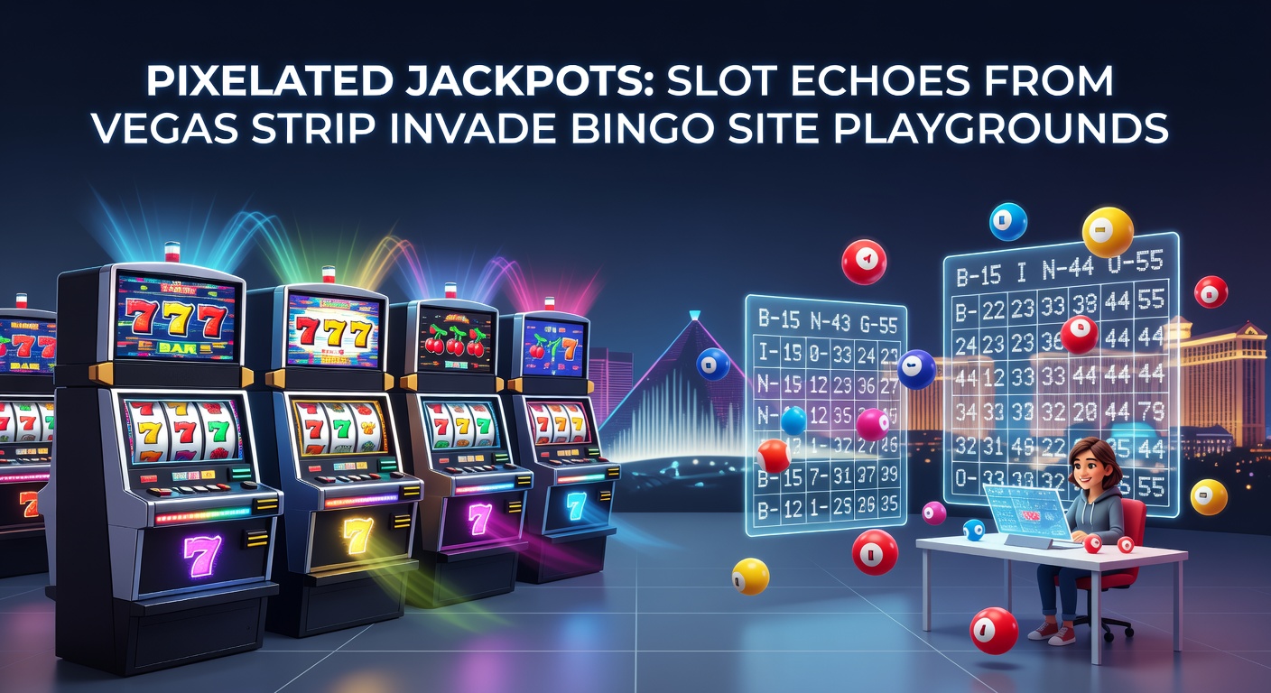 Online bingo lobby showcasing pixelated Vegas-themed slot jackpot counters ticking upward amid chat bubbles and ball draws