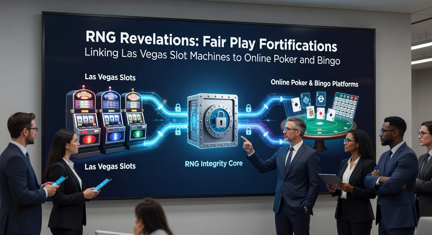 Close-up of a Las Vegas slot machine display showing spinning reels with security certification badges overlaid, symbolizing RNG integrity across gaming platforms