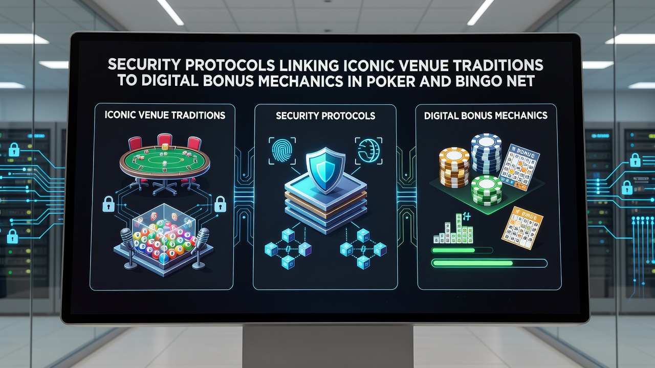 Digital interface displaying poker and bingo bonus mechanics secured by modern protocols