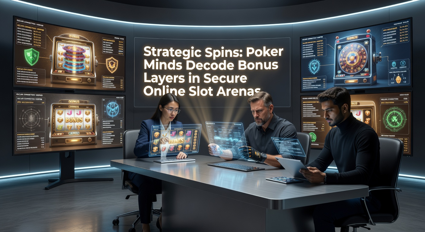 A poker strategist examining digital slot reels with overlaid bonus feature diagrams on a secure gaming interface