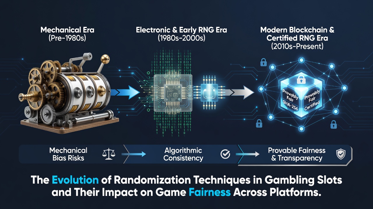 Historical mechanical slot machine reels transitioning to digital interfaces showing randomization evolution