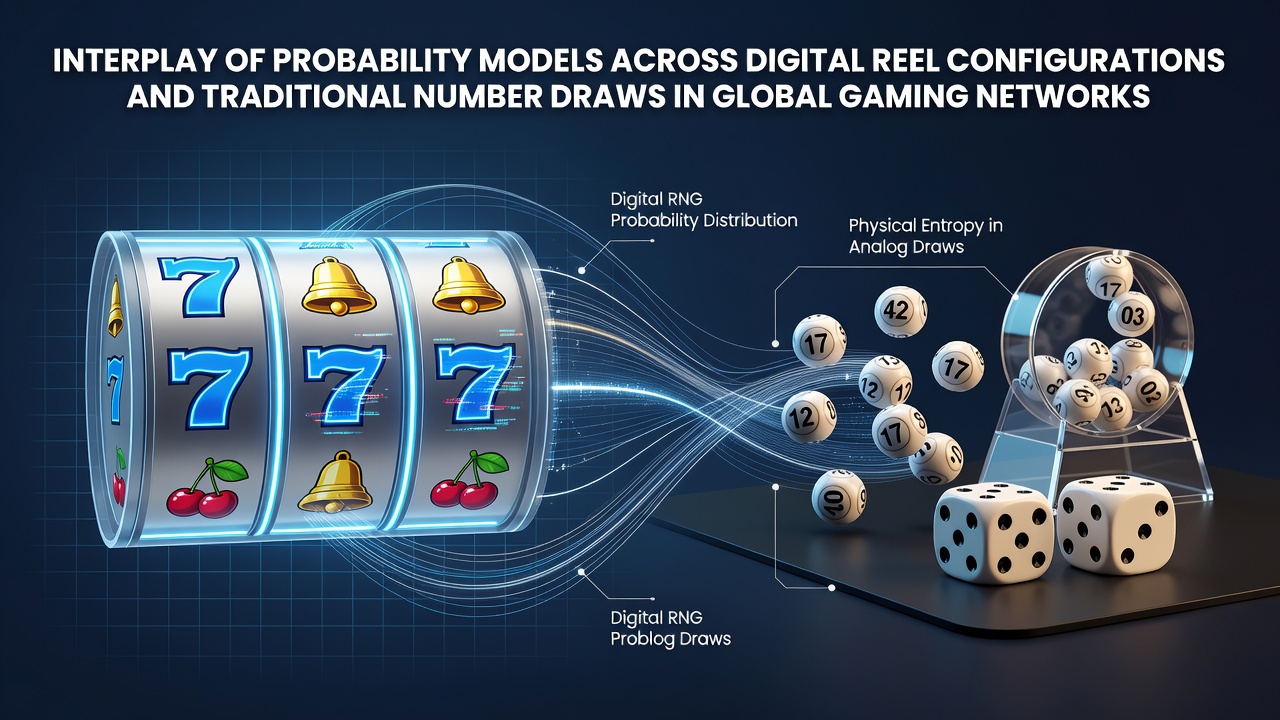 Diagram illustrating probability distributions across digital slot reels and traditional lottery number selections in global networks