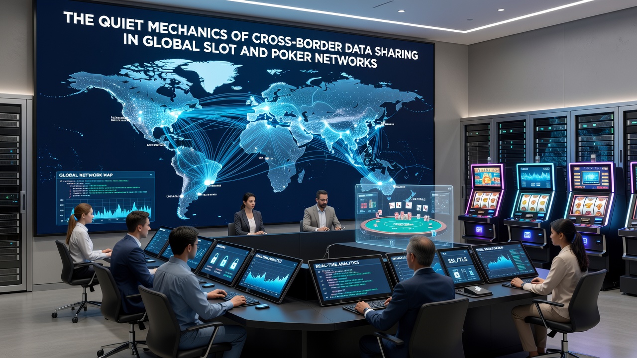 Server room racks with encrypted connections linking international gaming operations