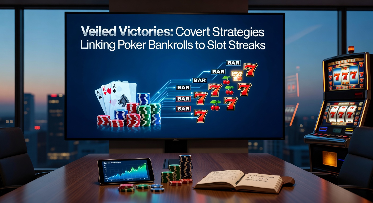 Close-up of a player's screen split between a poker hand and spinning slot reels, with bankroll counter bridging the divide